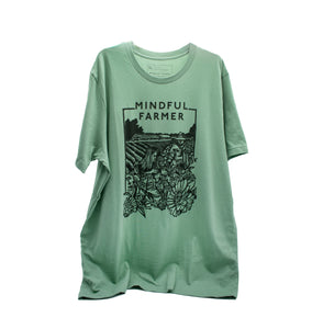 Mindful Farmer US Made tshirt with woodcut logo green