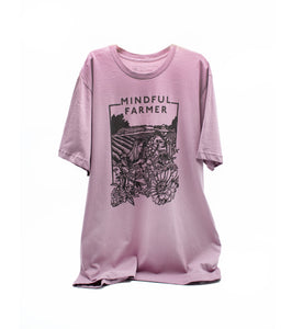 Mindful Farmer US Made tshirt with woodcut logo orchid