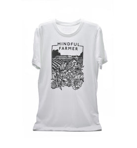 Mindful Farmer US Made tshirt with woodcut logo vintage white